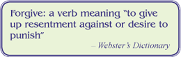 Forgive: a verb meaning :to give up rfesentment against or desire to punish" - Webster's Dictionary